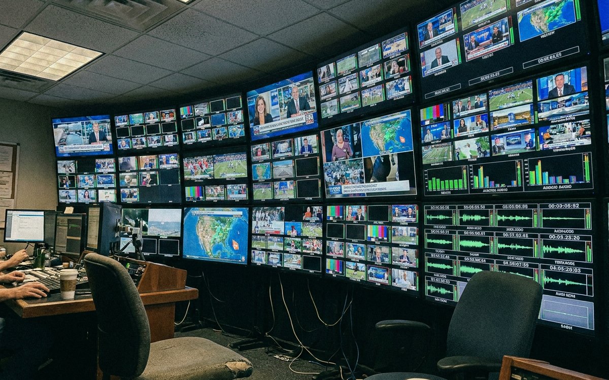 Sendekontrollraum mit einer Wand aus Monitoren zur Signalüberwachung