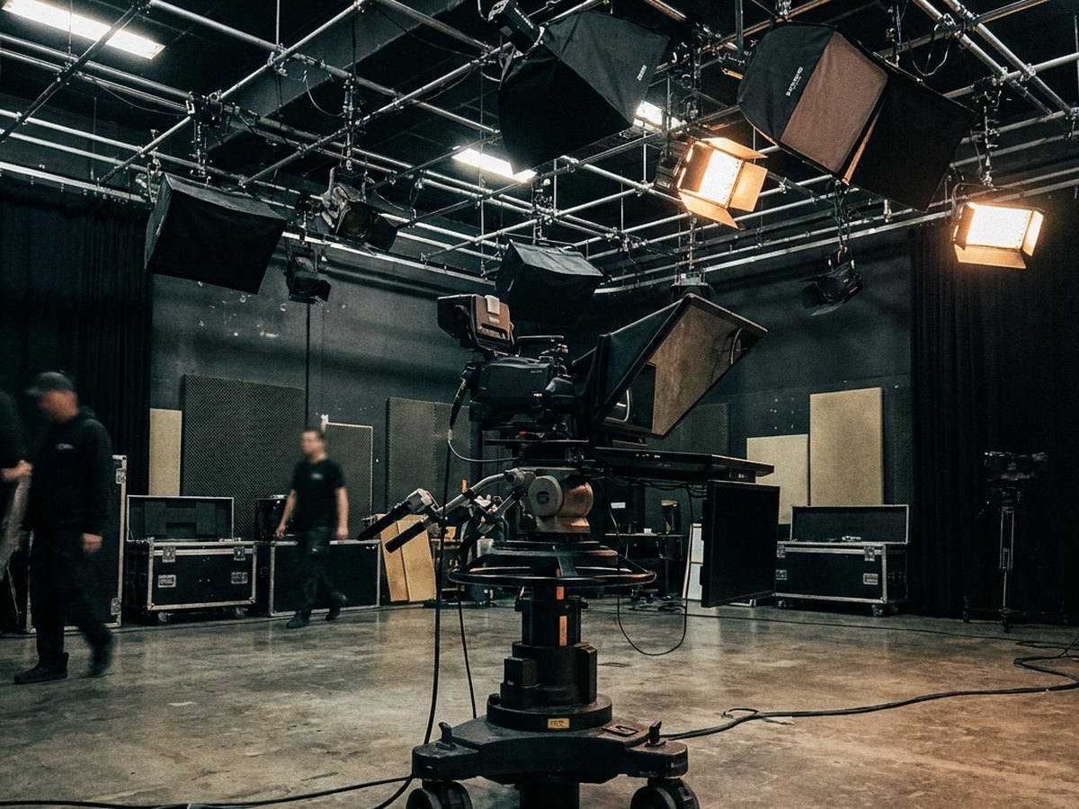 Professionelles Fernsehstudio mit Kamera, Lichtanlage und Produktionsteam